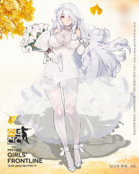 Rule 34 | 1girl, bear hair ornament, bouquet, breasts, bride, chinese text, dress, flower, full body, ginkgo leaf, girls&#039; frontline, gloves, hair ornament, highres, jewelry, kishiyo, large breasts, leaf, long hair, official alternate costume, official art, pk (girls&#039; frontline), red eyes, ring, silver hair, smile, solo, veil, wedding dress, wedding ring, white gloves, white legwear