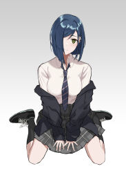 Rule 34 | 1girl, absurdres, asymmetrical bangs, black footwear, black hoodie, blue hair, blue necktie, blush, bob cut, breasts, bright pupils, closed mouth, cocolo (alexvortexgo), collared shirt, commentary, darling in the franxx, diagonal-striped clothes, diagonal-striped necktie, dress shirt, food, fruit, full body, gradient background, green eyes, grey background, grey skirt, hair over one eye, head tilt, highres, hood, hoodie, ichigo (darling in the franxx), light blush, light smile, long sleeves, looking at viewer, loose necktie, medium breasts, necktie, off shoulder, on ground, open clothes, open hoodie, plaid, plaid skirt, pleated skirt, school uniform, shirt, shoes, short hair, sitting, skirt, smile, sneakers, solo, spread fingers, strawberry, striped clothes, v arms, wariza, white background, white shirt