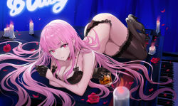 Rule 34 | 1girl, black bra, black footwear, black gloves, black panties, black thighhighs, bra, breasts, candle, commentary, flower, full body, gloves, half gloves, high heels, hololive, hololive english, holomyth, instrument, lace, lace-trimmed bra, lace-trimmed legwear, lace-trimmed panties, lace trim, large breasts, long hair, looking at viewer, lying, mori calliope, nr noir, on side, panties, parted lips, petals, piano, pink eyes, pink hair, red flower, red rose, rose, solo, thighhighs, underwear, underwear only, very long hair, virtual youtuber