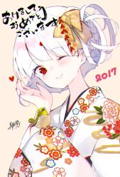 Rule 34 | 1girl, 2017, ;&gt;, akeome, animal, animal on hand, artist name, atsumi jun, beige background, bird, bird on hand, braid, cherry blossoms, close-up, closed mouth, floral print, happy new year, japanese clothes, kimono, long sleeves, looking at viewer, nengajou, new year, one eye closed, original, portrait, red eyes, short hair, signature, simple background, smile, solo, upper body, white hair, white kimono, wide sleeves