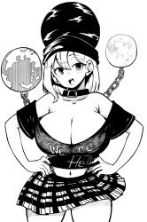 Rule 34 | 1girl, absurdres, black shirt, breasts, chain, cleavage, clothes writing, crop top, earth (ornament), greyscale, hecatia lapislazuli, highres, himajin noizu, large breasts, monochrome, moon (ornament), navel, off-shoulder shirt, off shoulder, plaid, plaid skirt, revision, shirt, simple background, skirt, solo, t-shirt, touhou, white background