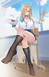 Rule 34 | 1girl, absurdres, asuna (blue archive), black choker, black socks, blonde hair, blue archive, blue bow, blue bowtie, blue eyes, blue halo, blue scrunchie, blue skirt, blue sky, bow, bowtie, breasts, choker, chopsticks, cleavage, cloud, commentary request, crossed legs, feet, foot focus, grin, hair over one eye, halo, highres, holding, holding bento, holding chopsticks, hovaku, indoors, kneehighs, large breasts, long hair, looking at viewer, looking down, no shoes, on chair, one eye covered, plantar flexion, pleated skirt, scrunchie, shirt, shirt tucked in, sitting, skirt, sky, smile, socks, solo, thighs, undone bowtie, white shirt, window, wrist scrunchie