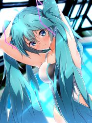 Rule 34 | 1girl, absurdres, aqua hair, armpits, arms behind head, blue eyes, breasts, hair ornament, halkawa501, hatsune miku, highres, long hair, looking at viewer, medium breasts, one-piece swimsuit, rei no pool, solo, swimsuit, twintails, vocaloid