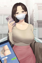 Rule 34 | 1girl, absurdres, blush, breasts, brown eyes, brown hair, brown shirt, building, cellphone, cleavage, clothes pull, commentary, covered mouth, cowboy shot, curvy, day, downblouse, head tilt, highres, holding, holding phone, large breasts, long hair, looking at viewer, mask, maskwolf, mature female, miniskirt, mouth mask, nail polish, nipples, no bra, original, outdoors, parted bangs, pencil skirt, phone, pink nails, pink skirt, pov, shirt, shirt pull, shirt tucked in, skirt, smartphone, solo focus, standing, surgical mask, symbol-only commentary, text messaging, translated