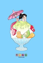 Rule 34 | 1girl, black hair, blue background, blush, dessert, food, fruit, highres, kiwi (fruit), kiwi slice, long hair, original, ponytail, ring 411, simple background, solo, strawberry, umbrella