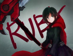 Rule 34 | 1girl, bad id, bad pixiv id, bandolier, black hair, cape, character name, cloak, corset, cross, dress, english text, gradient hair, grey eyes, hood, hooded cloak, looking at viewer, multicolored hair, red cape, red hair, ruby rose, rwby, scythe, short hair, solo, symbol, two-tone hair, weapon, weasel (close-to-the-edge)