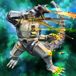 Rule 34 | alien, breath weapon, breathing fire, cannon, chest cannon, cross attack beam, desto-fire, directed-energy weapon, electricity, energy, energy beam, energy cannon, energy weapon, eye beam, eye cannon, finger missile, fire, giant, giant monster, giant robot, glowing, godzilla (series), godzilla vs. mechagodzilla (1974), high pressure homing missile, highres, homyu shot, igunuk, kaijuu, knee missile, laser, laser weapon, mecha, mechagodzilla, military, missile, monster, multicolored energy beam, no humans, rainbow, robot, rocket drill, smoke, space beam, space finger missile, tail, toe missile, toho, trace device, treize array, weapon, yellow electricity
