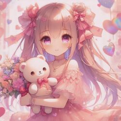 Rule 34 | 1girl, :d, absurdres, ai-generated, bare shoulders, blush, bouquet, bow, bracelet, brown hair, child, choker, commentary, crossed bangs, dall-e, dress, flower, frilled dress, frilled sleeves, frills, hair bow, hair bun, hair ornament, heart, heart hair ornament, highres, holding, holding bouquet, holding stuffed toy, jewelry, long hair, looking at viewer, multicolored hair, multiple hair bows, necklace, off-shoulder dress, off shoulder, open mouth, pink dress, pink eyes, pink hair, pink theme, single hair bun, skirt, smile, sock grenade, solo, stuffed animal, stuffed toy, teddy bear, two side up, upper body, valentine, wavy hair
