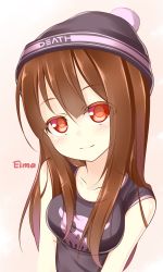 Rule 34 | 1girl, blush, breasts, brown hair, gradient background, highres, lethe-shion, long hair, looking at viewer, red eyes, smile, solo