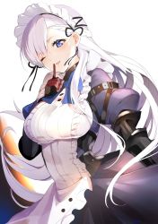 Rule 34 | 1girl, absurdres, apron, azur lane, belfast (azur lane), belfast (serene steel) (azur lane), blue eyes, braid, breasts, collar, cowboy shot, french braid, frilled apron, frilled gloves, frills, gloves, gradient background, highres, hoerutarou, large breasts, long hair, maid, maid apron, maid headdress, one eye closed, partially fingerless gloves, silver hair, white apron, white background