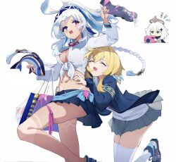 3girls :3 :d absurdres alternate_costume armband bag blonde_hair blue_hair blue_hairband blue_jacket blue_nails blue_skirt body_markings braid braided_ponytail breasts cleavage closed_eyes collared_shirt commentary_request fish_ornament foot_out_of_frame genshin_impact grey_skirt hairband halo hands_on_another&#039;s_waist highres holding holding_bag holding_stuffed_toy jacket leg_ribbon long_hair lumine_(genshin_impact) miniskirt mualani_(genshin_impact) multicolored_hair multiple_girls navel open_clothes open_jacket open_mouth paimon_(genshin_impact) pleated_skirt red_eyes red_ribbon ribbon safety_pin samele_otaku shirt shoes shopping_bag simple_background skirt smile sneakers stuffed_animal stuffed_shark stuffed_toy surprised tearing_up thigh_ribbon thighhighs tied_shirt two-tone_hair white_background white_hair white_shirt white_thighhighs