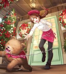 Rule 34 | 1girl, absurdres, apron, bear, beret, black footwear, black pants, braid, braided ponytail, brown hair, chasing, christmas, christmas lights, christmas tree, christmas wreath, commentary, door, frown, hair ribbon, hat, high collar, highres, indoors, long sleeves, nemoto yuuma, open mouth, original, pants, red apron, red eyes, red hat, red ribbon, ribbon, shirt, shoes, single braid, sleeves rolled up, solo, standing, standing on one leg, sweatdrop, waist apron, white shirt, wreath