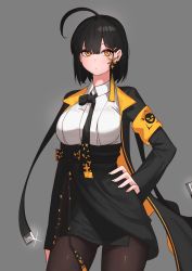 Rule 34 | 1girl, absurdres, ahoge, black coat, black hair, black ribbon, black skirt, bob cut, breasts, closed mouth, coat, collared shirt, commentary, copyright request, cowboy shot, english commentary, glint, grey background, hair ornament, hairclip, hand on own hip, high-waist skirt, highres, huge ahoge, large breasts, long sleeves, looking at viewer, medium hair, neck ribbon, open clothes, open coat, ribbon, rktlek159, shirt, simple background, skirt, solo, white shirt, wing collar, yellow eyes