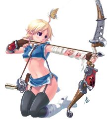 Rule 34 | 1girl, ahoge, arrow (projectile), black thighhighs, blonde hair, blue eyes, boots, bow (weapon), breasts, bug, butterfly, drawing bow, elf, garter belt, high heel boots, high heels, holding, holding bow (weapon), holding weapon, insect, lineage, medium breasts, midriff, original, panties, pantyshot, pointy ears, ranger, shoes, short hair, solo, tattoo, thighhighs, underboob, underwear, weapon