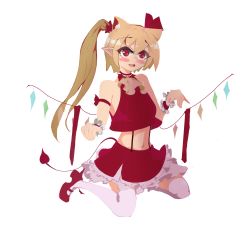 Rule 34 | 1girl, alternate costume, alternate hairstyle, animal ears, bare shoulders, blonde hair, blush, breasts, cat ears, crystal, demon tail, embodiment of scarlet devil, fangs, female focus, flandre scarlet, frilled skirt, frills, full body, hair ribbon, high ponytail, highres, kneeling, long hair, looking at viewer, midriff, open mouth, pointy ears, ponytail, red eyes, red footwear, red shirt, red skirt, ribbon, shirt, simple background, skirt, solo, sum re1, suspender skirt, suspenders, tail, thighhighs, touhou, vampire, white background, white thighhighs, wings, zettai ryouiki