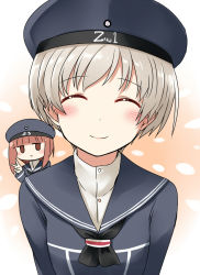 Rule 34 | 10s, 2girls, ^ ^, artist name, blush, closed eyes, collared shirt, commentary request, eyebrows, grey hair, hat, highres, jitome, kamelie, kantai collection, looking at viewer, multiple girls, red hair, sailor hat, shirt, short hair, smile, v, z1 leberecht maass (kancolle), z3 max schultz (kancolle)