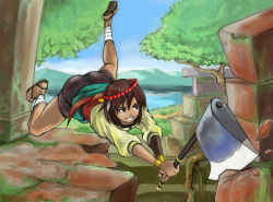 Rule 34 | 1girl, ajna (indivisible), ankle wrap, axe, beads, commentary request, indivisible, mimiyama kiichi, sandals, solo, weapon