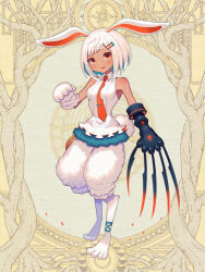 Rule 34 | 1girl, animal ears, animal hands, between breasts, blush, breasts, claw (weapon), colored inner hair, dairoku ryouhei, dark-skinned female, dark skin, full body, gloves, hair ornament, lita3773, looking at viewer, multicolored hair, necktie, paw gloves, rabbit tail, red eyes, red necktie, shirt, short hair, simple background, sleeveless, sleeveless shirt, small breasts, smile, solo, standing, tail, thick eyebrows, weapon, white gloves, white hair, white shirt, yellow background, zipper