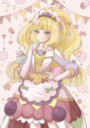 Rule 34 | &gt;o&lt;, 1girl, balloon, birthday, blonde hair, blue eyes, blush, bridal gauntlets, brooch, choker, cowboy shot, cure finale, delicious party precure, dress, frills, hair ornament, hand on own hip, happy birthday, highres, jewelry, kasai amane, long hair, long sleeves, looking at viewer, magical girl, parfait recipipi, precure, sakihi, smile, striped, striped background, tiara, white background, white dress