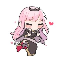Rule 34 | 1girl, black cloak, blush, blush stickers, chibi, cloak, closed eyes, grey background, hands on own face, heart, hololive, hololive english, long hair, lowres, mori calliope, pink hair, simple background, solo, tiara, torn, torn cloak, torn clothes, virtual youtuber, yuki39