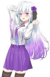 Rule 34 | 1girl, 49 (yonkyuu), ahoge, arm behind head, bad id, bad pixiv id, black ribbon, black thighhighs, blush, breasts, commentary request, copyright request, flower, gradient hair, hair flower, hair ornament, highres, holding, holding own hair, indie virtual youtuber, long sleeves, looking at viewer, lower teeth only, medium breasts, mole, mole under eye, multicolored hair, necktie, open mouth, purple eyes, purple flower, purple hair, purple necktie, purple skirt, ribbon, shirt, shirt tucked in, simple background, skirt, solo, teeth, thighhighs, virtual youtuber, white background, white shirt