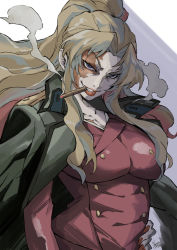Rule 34 | 1girl, balalaika (black lagoon), black lagoon, blonde hair, breasts, burn scar, cigar, cleavage, coat, coat on shoulders, eyelashes, fingernails, green coat, grin, hand on own hip, highres, long eyelashes, long fingernails, long hair, looking at viewer, mitogawawataru, mouth hold, nail polish, open clothes, open coat, parted lips, ponytail, purple eyes, red lips, red nails, scar, scar on face, signature, smile, smoke, smoking, solo, teeth hold, very long fingernails