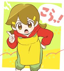 Rule 34 | 1girl, 5-volt, apron, bebe 0620, brown eyes, brown hair, green pants, hair ornament, hairclip, hand on own hip, hood, hoodie, leaning forward, long hair, nintendo, open mouth, pants, red hoodie, scolding, simple background, translated, warioware, yellow apron