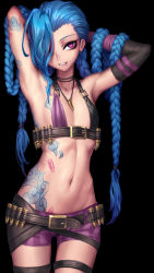 Rule 34 | 1girl, armpits, arms behind head, asymmetrical bangs, belt, belt bra, belt buckle, biting own lip, black background, blue hair, braid, buckle, bullet, bullet necklace, commentary request, cowboy shot, elbow gloves, gloves, grin, hair over one eye, head tilt, highres, jinx (league of legends), league of legends, long hair, looking at viewer, navel, oopartz yang, purple eyes, short shorts, shorts, simple background, single elbow glove, smile, solo, standing, stomach, stomach tattoo, striped clothes, striped shorts, tattoo, thigh strap, twin braids, vertical-striped clothes, vertical-striped shorts, very long hair