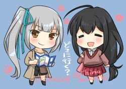 Rule 34 | 2girls, ahoge, alternate costume, aqua ribbon, black hair, black shorts, blue background, blunt bangs, brown coat, brown eyes, brown sweater, chibi, closed eyes, coat, commentary request, dated, hatsushimo (kancolle), kantai collection, kasumi (kancolle), long hair, low-tied long hair, map (object), multiple girls, official alternate costume, orikoshi shino, pleated skirt, red skirt, ribbon, shirt, shorts, side ponytail, simple background, skirt, sweater, twitter username, white shirt