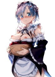 Rule 34 | 10s, 1girl, basket, blue eyes, blue hair, blush, breasts, breasts out, cowboy shot, detached sleeves, embarrassed, hair ribbon, has bad revision, has downscaled revision, highres, holding, looking at viewer, maid, matching hair/eyes, md5 mismatch, medium breasts, nipples, nose blush, re:zero kara hajimeru isekai seikatsu, red ribbon, redcomet, rem (re:zero), resolution mismatch, ribbon, short hair, simple background, solo, source smaller, standing, white background, wide sleeves