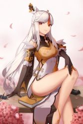 Rule 34 | 1girl, absurdres, bench, black gloves, book, breasts, claw ring, dress, elbow gloves, flower, genshin impact, gloves, hair ornament, hand on own knee, highres, light smile, long dress, long hair, looking at viewer, medium breasts, mrotan, ningguang (genshin impact), on bench, petals, red eyes, side slit, sitting, smile, solo, tassel, thighs, two-tone dress, very long hair, white dress, white hair, yellow dress
