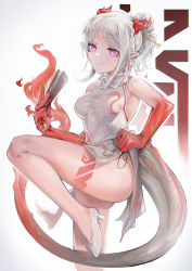 Rule 34 | 1girl, absurdres, arknights, bare legs, braid, breasts, china dress, chinese clothes, closed mouth, colored skin, commentary, cowboy shot, dragon horns, dragon tail, dress, folded fan, folding fan, gradient skin, hand fan, high heels, highres, holding, holding fan, horns, jumbowhopper, leg up, light smile, long hair, looking at viewer, medium breasts, multicolored hair, nian (arknights), nian (unfettered freedom) (arknights), official alternate costume, pointy ears, ponytail, purple eyes, red hair, red horns, red skin, side braid, sleeveless, sleeveless dress, solo, standing, standing on one leg, streaked hair, tail, white background, white dress, white footwear, white hair