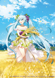 Rule 34 | 1girl, aqua eyes, aqua hair, cloud, copyright name, day, dress, hatsune miku, highres, long hair, looking to the side, mountain, open mouth, sky, smile, snowflakes, solo, standing, strapless, strapless dress, twintails, very long hair, vocaloid, wheat, wheat field, yuzuki kihiro