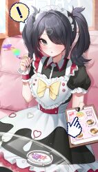 Rule 34 | !, 1girl, absurdres, ame-chan (needy girl overdose), apron, black dress, black hair, black nails, cafe, chouzetsusaikawa tenshi-chan, cigarette, clipboard, collared dress, commentary, couch, cowboy shot, cursor, cuts, day, dress, drugs, frilled dress, frills, grey eyes, hair over one eye, hand up, highres, holding, holding cigarette, holding clipboard, indoors, injury, kaho oco, long hair, looking at viewer, lsd, maid, maid headdress, menu, nail polish, needy girl overdose, official alternate costume, on couch, open mouth, pill, puffy short sleeves, puffy sleeves, self-harm, self-harm scar, short sleeves, sitting, smoke, solo, spoken exclamation mark, sweets paradise, symbol-only commentary, table, twintails, white apron
