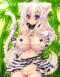 Rule 34 | 1girl, animal ears, animal print, bamboo, bare shoulders, bell, bikini, blush, breasts, cameltoe, cat ears, cat tail, collar, cowboy shot, eyebrows, hakoiri nyanko, hand on own chest, holding own tail, jingle bell, large breasts, long hair, looking at viewer, micro bikini, neck bell, original, purple eyes, sarong, smile, solo, swimsuit, tail, tiger, tiger print, very long hair, white bikini, white hair, white tiger, white tiger print