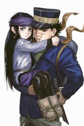 Rule 34 | 1boy, 1girl, absurdres, ainu, ainu clothes, asirpa, backpack, bag, black hair, black pantyhose, blue eyes, blue jacket, boots, carrying, child, child carry, closed mouth, earrings, facial scar, floating scarf, fur boots, golden kamuy, hat, headband, highres, hoop earrings, jacket, jewelry, long hair, long sleeves, looking at viewer, pantyhose, peaked cap, plaid, plaid scarf, scar, scar on cheek, scar on face, scar on mouth, scar on nose, scarf, short hair, short sword, simple background, songyeerhu, sugimoto saichi, sword, weapon, white background