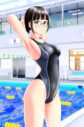 Rule 34 | 1girl, absurdres, armpits, arms behind head, bench, black hair, black one-piece swimsuit, blunt bangs, brown eyes, commentary request, competition swimsuit, cowboy shot, glasses, highres, indoors, lane line, looking at viewer, multicolored clothes, multicolored swimsuit, one-piece swimsuit, original, pool, short hair, solo, standing, swimsuit, takafumi, two-tone swimsuit