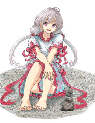 Rule 34 | 1girl, :d, bare arms, bare legs, barefoot, blue nails, blunt bangs, breasts, commentary, dress, ebisu eika, eyebrows hidden by hair, full body, grey dress, grey hair, happy, highres, kashiwada kiiho, knees up, long hair, looking at viewer, nail polish, open mouth, petite, purple eyes, red nails, rock, short sleeves, simple background, sitting, small breasts, smile, solo, stack, toenail polish, toenails, toes, touhou, white background