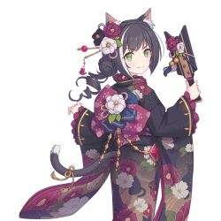 Rule 34 | animal ears, black hair, cat ears, cat tail, flower, green eyes, hair flower, hair ornament, japanese clothes, karyl (new year) (princess connect!), karyl (princess connect!), kimono, long hair, official art, princess connect!, solo, standing, tail, yukata