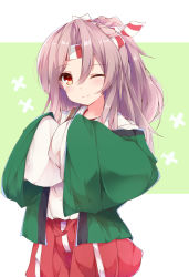 Rule 34 | 1girl, ;), blush, brown hair, closed mouth, commentary request, fuuna, green background, hachimaki, hair between eyes, hakama, hakama pants, hakama shorts, haori, headband, high ponytail, highres, japanese clothes, kantai collection, kimono, long hair, long sleeves, one eye closed, pants, ponytail, red eyes, red pants, shorts, sleeves past fingers, sleeves past wrists, smile, solo, two-tone background, white background, white kimono, wide sleeves, zuihou (kancolle)