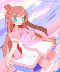 Rule 34 | 1girl, absurdres, bow, brown hair, cloud, collared dress, commentary request, cowboy shot, dress, green eyes, hair bun, half updo, highres, hirogaru sky! precure, long hair, looking at viewer, nijigaoka mashiro, noniha, open mouth, outdoors, pink sleeves, precure, puffy short sleeves, puffy sleeves, short sleeves, single hair bun, skirt hold, sky, smile, solo, standing, wading, water, white bow, white dress