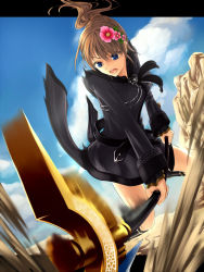 Rule 34 | 1girl, attack, bad id, bad pixiv id, black dress, blue eyes, brown hair, cloud, day, desert, dress, fantasy earth zero, female focus, flower, hair ornament, open mouth, outdoors, polearm, ponytail, sand, sky, solo, visualcat, weapon