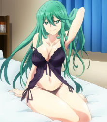 Rule 34 | bed, bra, date a live, green eyes, green hair, highres, j.c. staff, long hair, natsumi (date a live), panties, screencap, stitched, third-party edit, underwear
