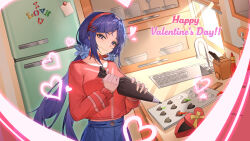 1girl absurdres blue_eyes blue_hair breasts candy chocolate chocolate_heart choker crazy_mita_(miside) food hair_ornament hairband hairclip heart heart-shaped_food highres long_hair long_sleeves looking_at_viewer low_twintails miside mita_(miside) official_art red_hairband skirt smile twintails valentine