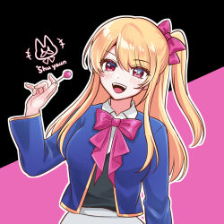 Rule 34 | 1girl, :d, artist logo, artist name, black background, black vest, blonde hair, blue jacket, blush, bow, bowtie, candy, collared shirt, commentary, cowboy shot, food, grey skirt, hair between eyes, hair bow, holding, holding candy, holding food, holding lollipop, hoshino ruby, jacket, lollipop, long hair, long sleeves, looking at viewer, mismatched pupils, one eye closed, one side up, open clothes, open jacket, open mouth, oshi no ko, outline, parted bangs, pink background, pink bow, pink bowtie, pink eyes, school uniform, shadow, shirt, shuyaun, sidelocks, skirt, smile, solo, star-shaped pupils, star (symbol), symbol-shaped pupils, teeth, two-tone background, upper teeth only, vest, white outline, white shirt, youtou high school uniform
