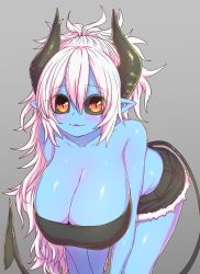 Rule 34 | 1girl, :o, all fours, alternate costume, alternate hairstyle, aohada bocchi, bare shoulders, black horns, black sclera, black tail, black tank top, blush, breasts, cleavage, colored sclera, demon horns, demon tail, denim, denim shorts, highres, horns, huge breasts, pointy ears, red eyes, ruri (aohada bocchi), short shorts, shorts, strapless, tail, tank top, thighs, tube top, white hair, zyugoya