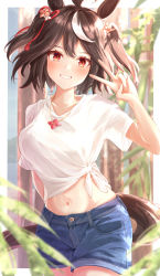 Rule 34 | 1girl, absurdres, ahoge, animal ears, blue shorts, blurry, blurry background, blurry foreground, blush, breasts, brown hair, cowboy shot, depth of field, grin, hair ornament, hair ribbon, highres, horse ears, horse girl, horse tail, jewelry, kitasan black (umamusume), looking at viewer, medium breasts, midriff, multicolored hair, navel, necklace, plant, red eyes, ribbon, shirt, short hair, short shorts, short sleeves, shorts, sky cappuccino, smile, solo, standing, streaked hair, tail, tied shirt, two side up, umamusume, v, white hair, white shirt