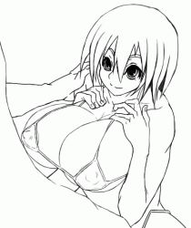 Rule 34 | 1boy, 1girl, animated, animated gif, bikini, blinking, breast suppress, breasts, copyright request, covered erect nipples, hand on shoulder, hands resting on breasts, hetero, huge breasts, monochrome, paizuri, penis, precum, short hair, swimsuit, uncensored, yagal