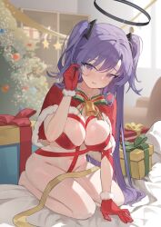 Rule 34 | 1girl, absurdres, bed sheet, bell, blue archive, blush, box, breasts, capelet, gift, gift box, gloves, halo, highres, large breasts, long hair, mechanical halo, navel, open mouth, purple eyes, purple hair, red capelet, red gloves, riok hh, santa costume, solo, two side up, yuuka (blue archive)