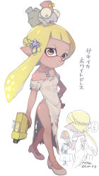 Rule 34 | 1girl, 1other, agent 3 (splatoon 3), alternate costume, ass, blonde hair, braid, bread, breasts, butt crack, cleavage, closed mouth, commentary request, dress, eyebrow cut, food, fork, gun, hand on own hip, hero shot (splatoon 3), high heels, highres, holding, holding fork, holding gun, holding plate, holding weapon, inkling, inkling girl, inkling player character, jewelry, long hair, minamidena, multiple views, necklace, nintendo, off-shoulder dress, off shoulder, plate, pointy ears, simple background, small breasts, smallfry (splatoon), splatoon (series), splatoon 3, tentacle hair, thought bubble, torn clothes, torn dress, translation request, walking, weapon, white background, white dress, yellow eyes